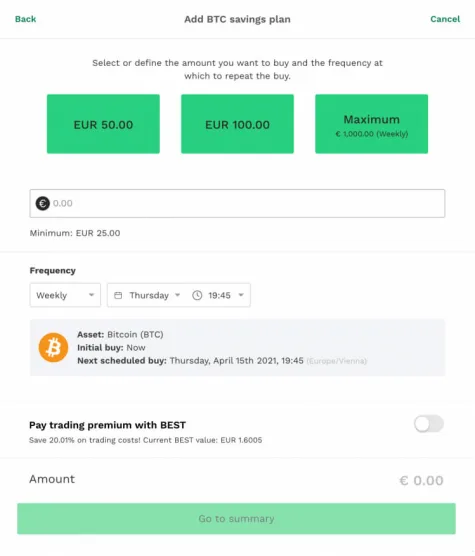 Bitpanda Savings Plan configuration